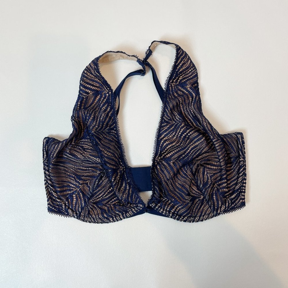 NWOT Victoria's Secret Bra Unlined Plunge Blue Beige 32DDD